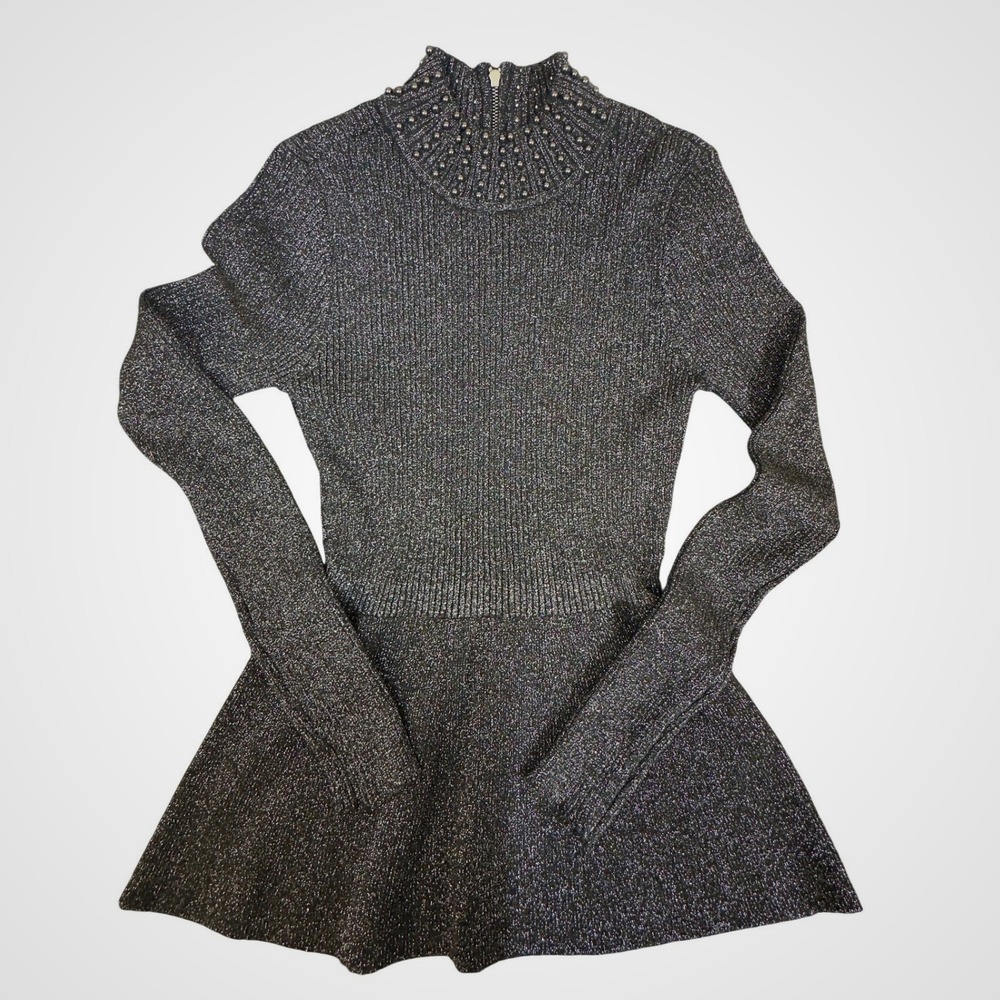 Beldini Black Silver Metallic Studded Mock Neck Peplum Knit Top Sweater Small